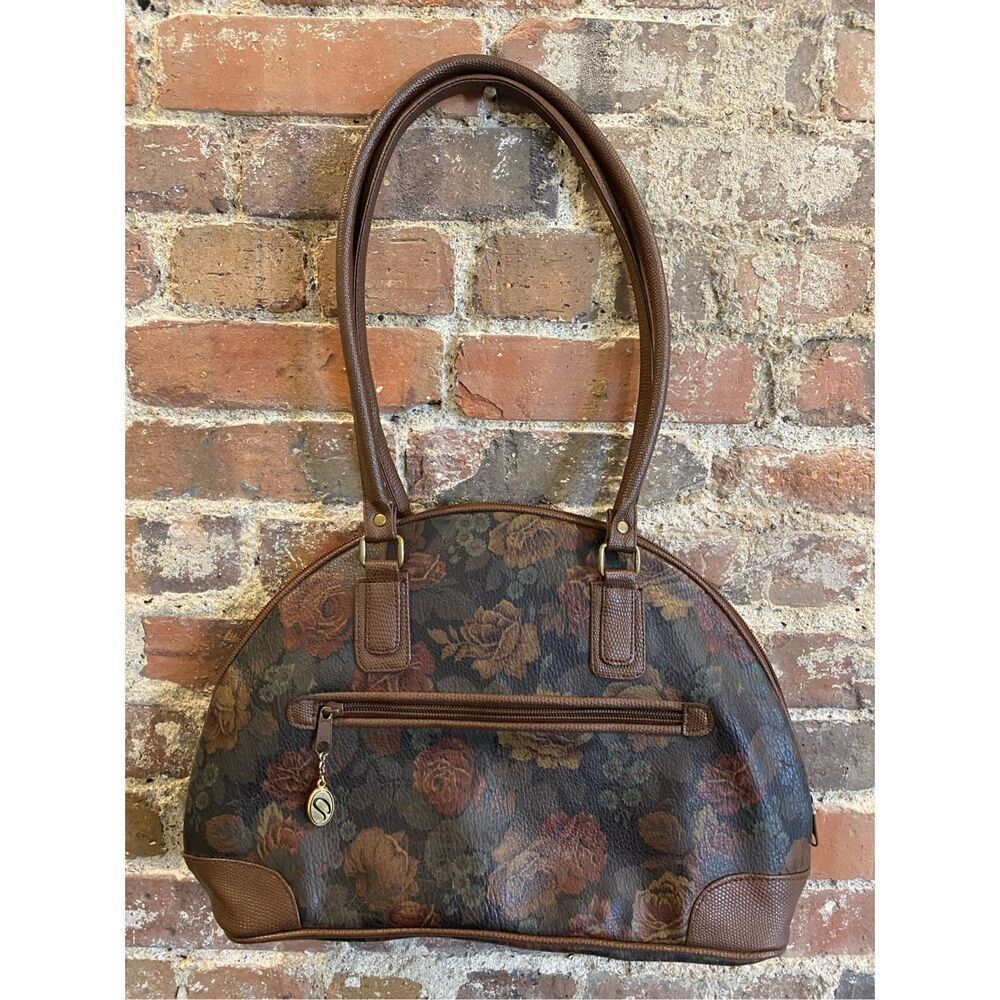SUN Rose Floral Print Black Faux Leather Brown ‘Gator Trim Shoulder Bag - Picture 5 of 13